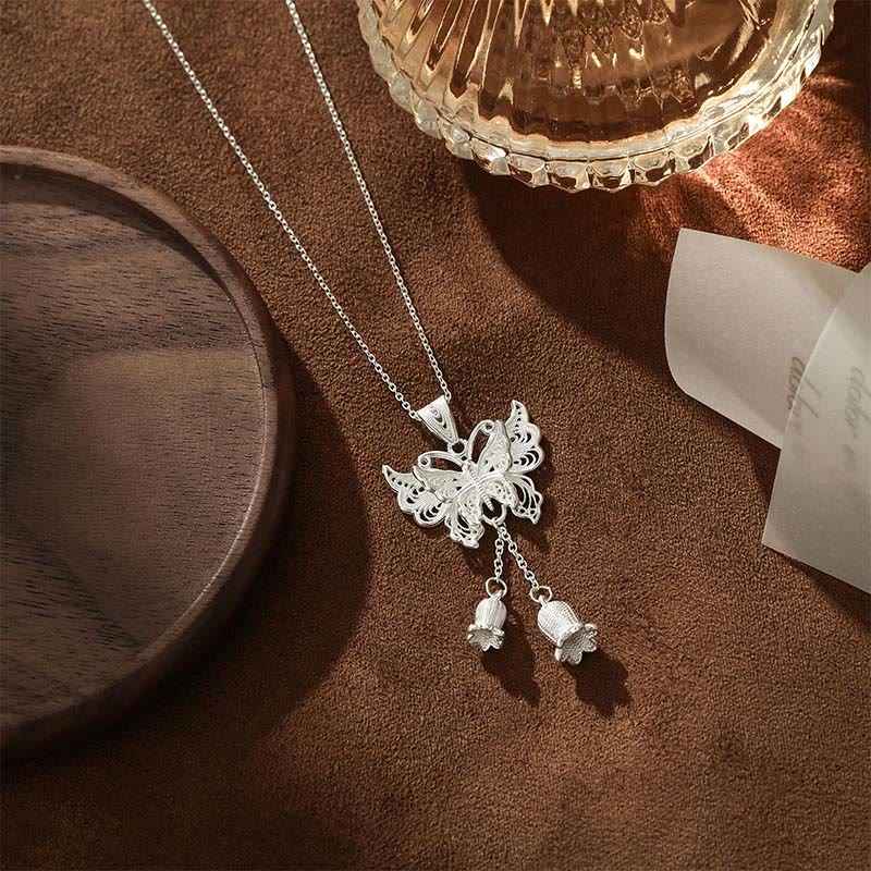 Buddha Stones 999 Sterling Silver Butterfly Lily Of The Valley Freedom Necklace Pendant
