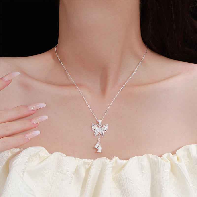 Buddha Stones 999 Sterling Silver Butterfly Lily Of The Valley Freedom Necklace Pendant