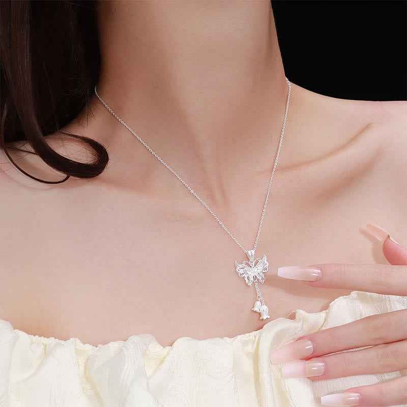 Buddha Stones 999 Sterling Silver Butterfly Lily Of The Valley Freedom Necklace Pendant