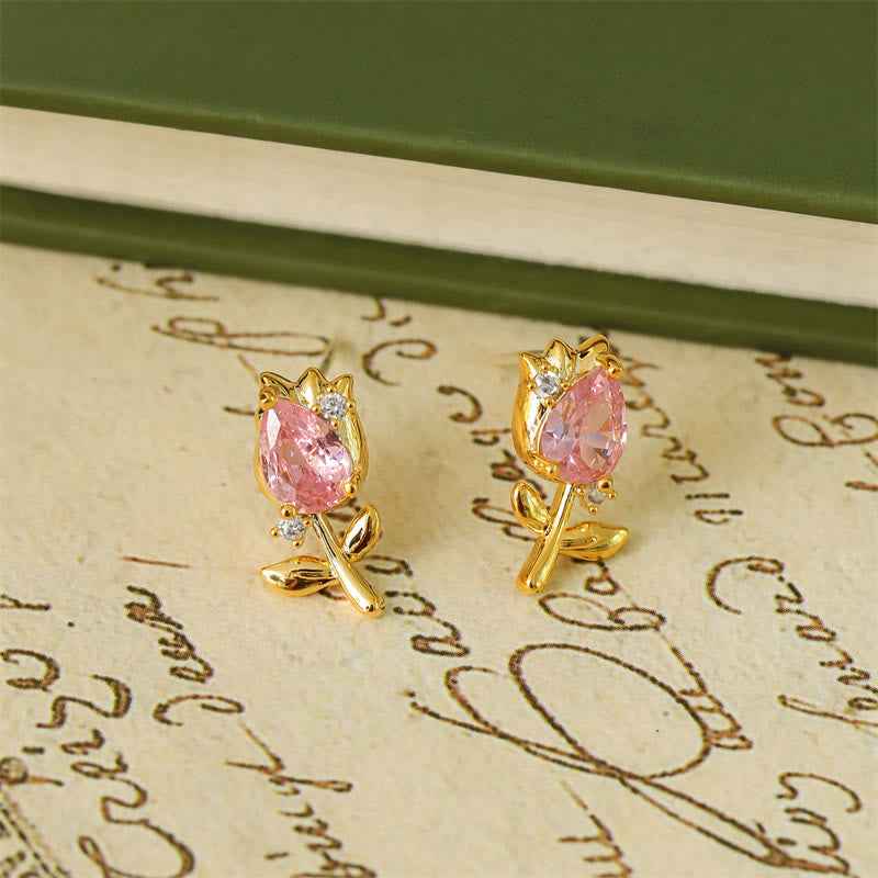 Fortune Jewel Pink Purple Tulip Zircon Copper Healing Stud Earrings