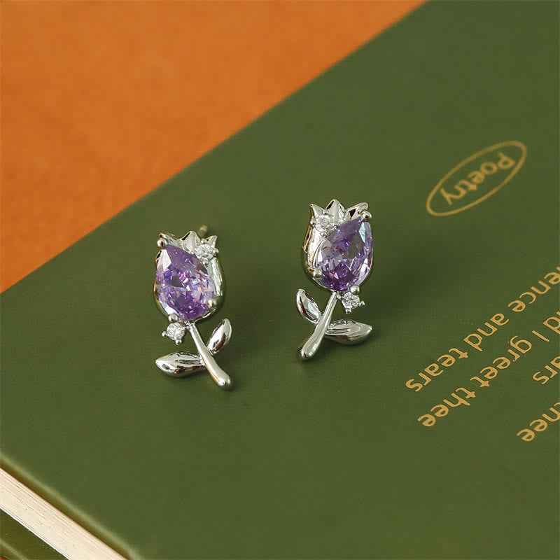 Fortune Jewel Pink Purple Tulip Zircon Copper Healing Stud Earrings