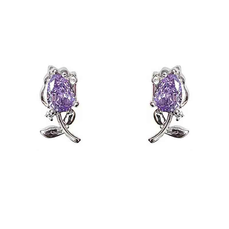Fortune Jewel Pink Purple Tulip Zircon Copper Healing Stud Earrings