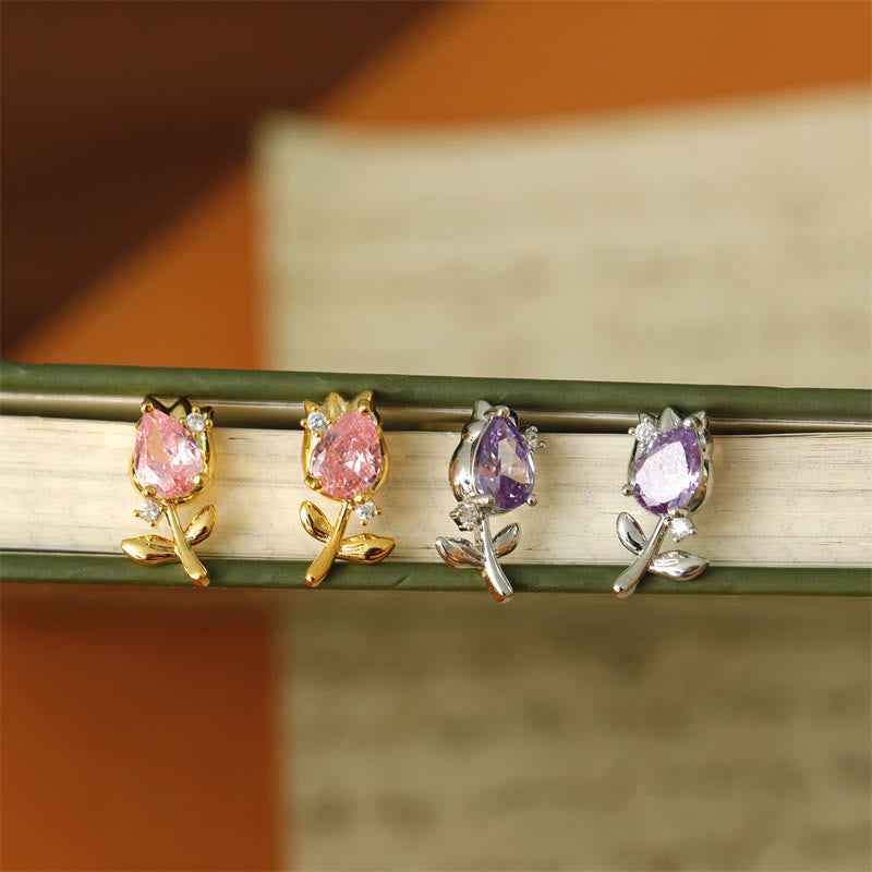 Fortune Jewel Pink Purple Tulip Zircon Copper Healing Stud Earrings