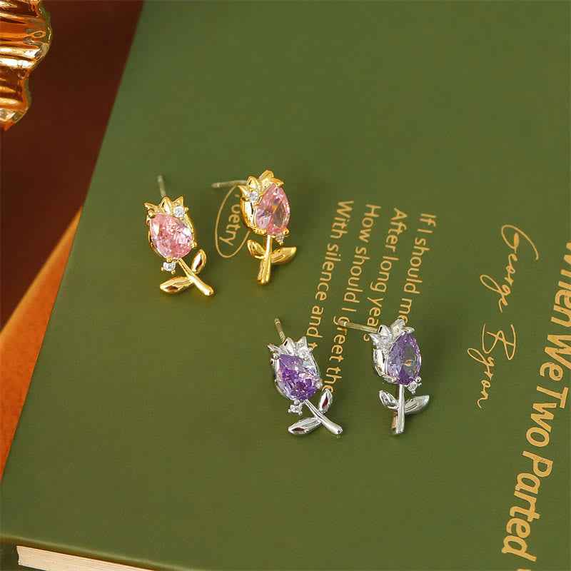 Fortune Jewel Pink Purple Tulip Zircon Copper Healing Stud Earrings