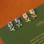 Fortune Jewel Pink Purple Tulip Zircon Copper Healing Stud Earrings