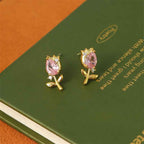 Fortune Jewel Pink Purple Tulip Zircon Copper Healing Stud Earrings