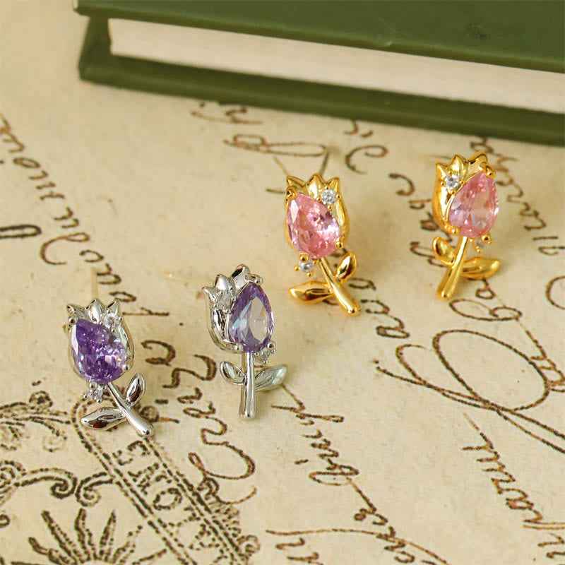 Fortune Jewel Pink Purple Tulip Zircon Copper Healing Stud Earrings