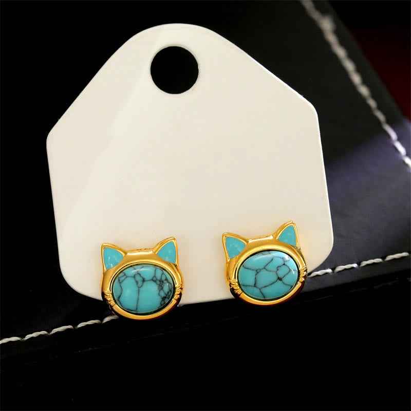 Fortune Jewel Turquoise Tiger Eye Cat Head Design Copper Protection Stud Earrings