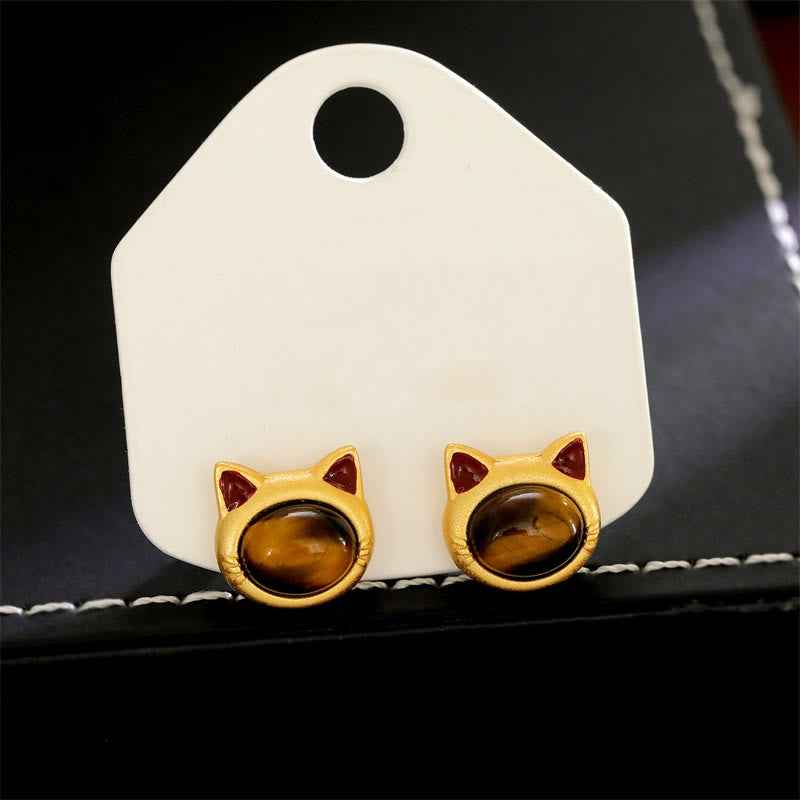 Fortune Jewel Turquoise Tiger Eye Cat Head Design Copper Protection Stud Earrings