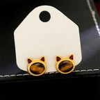 Fortune Jewel Turquoise Tiger Eye Cat Head Design Copper Protection Stud Earrings
