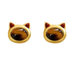 Fortune Jewel Turquoise Tiger Eye Cat Head Design Copper Protection Stud Earrings
