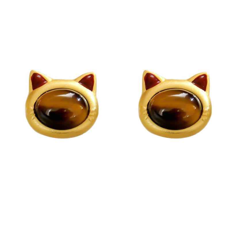 Fortune Jewel Turquoise Tiger Eye Cat Head Design Copper Protection Stud Earrings