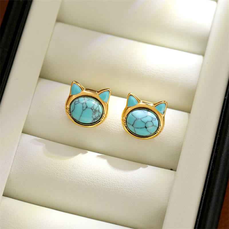 Fortune Jewel Turquoise Tiger Eye Cat Head Design Copper Protection Stud Earrings