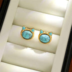 Fortune Jewel Turquoise Tiger Eye Cat Head Design Copper Protection Stud Earrings