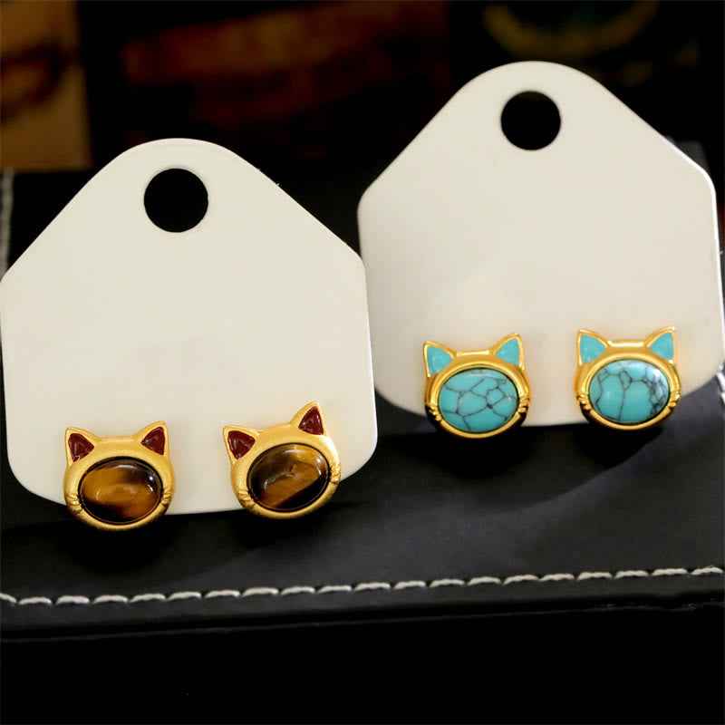 Fortune Jewel Turquoise Tiger Eye Cat Head Design Copper Protection Stud Earrings