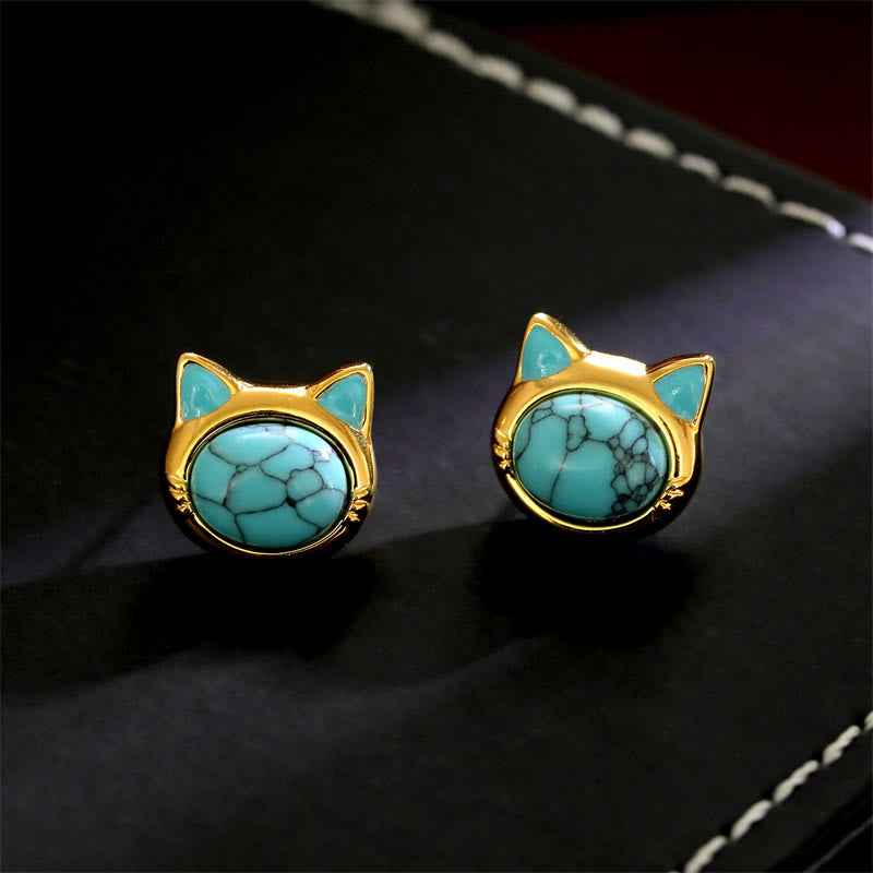 Fortune Jewel Turquoise Tiger Eye Cat Head Design Copper Protection Stud Earrings