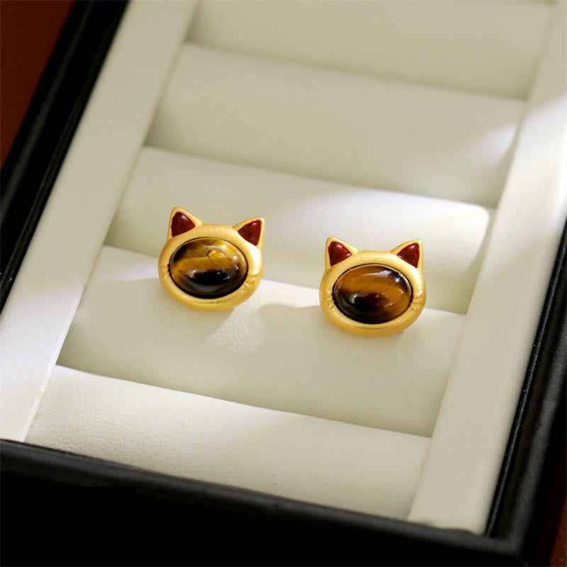 Fortune Jewel Turquoise Tiger Eye Cat Head Design Copper Protection Stud Earrings