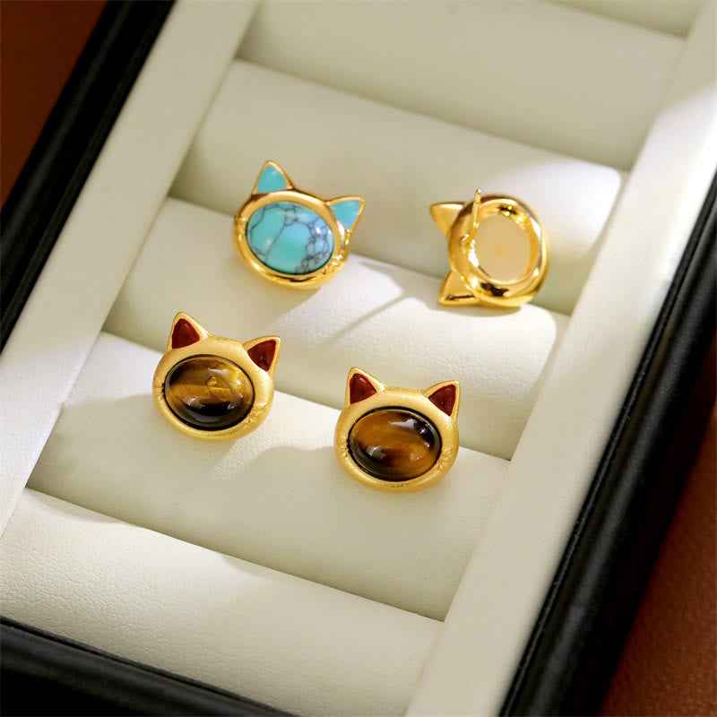 Fortune Jewel Turquoise Tiger Eye Cat Head Design Copper Protection Stud Earrings