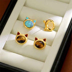 Fortune Jewel Turquoise Tiger Eye Cat Head Design Copper Protection Stud Earrings