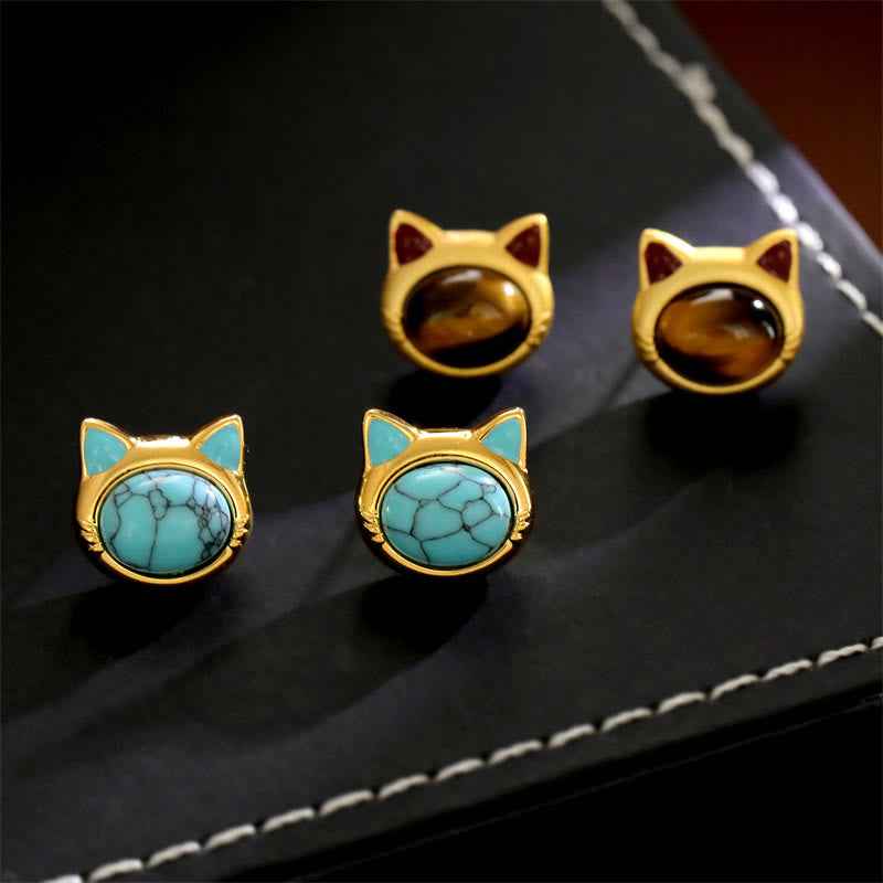 Fortune Jewel Turquoise Tiger Eye Cat Head Design Copper Protection Stud Earrings