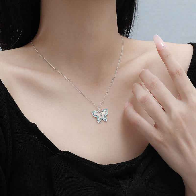Fortune Jewel 999 Sterling Silver Butterfly Blue Enamel Protection Necklace Pendant