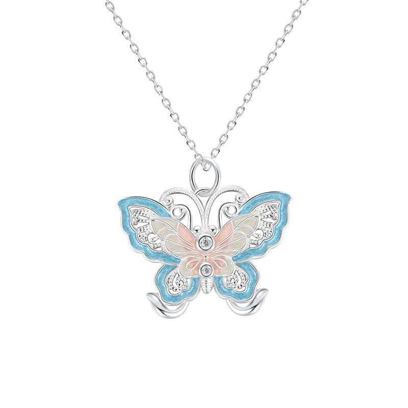 Fortune Jewel 999 Sterling Silver Butterfly Blue Enamel Protection Necklace Pendant