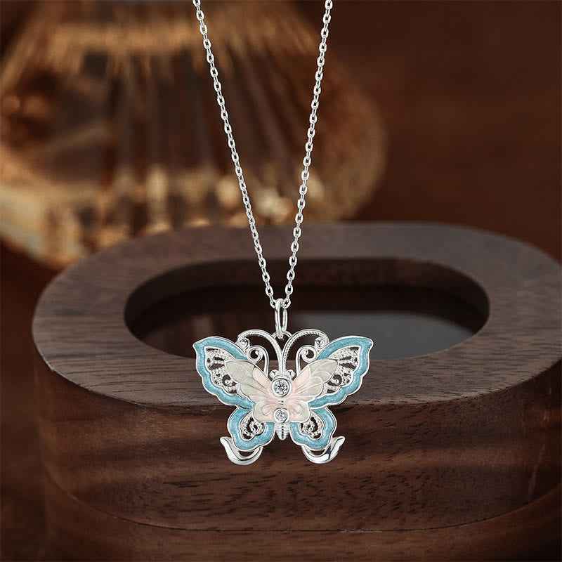 Fortune Jewel 999 Sterling Silver Butterfly Blue Enamel Protection Necklace Pendant