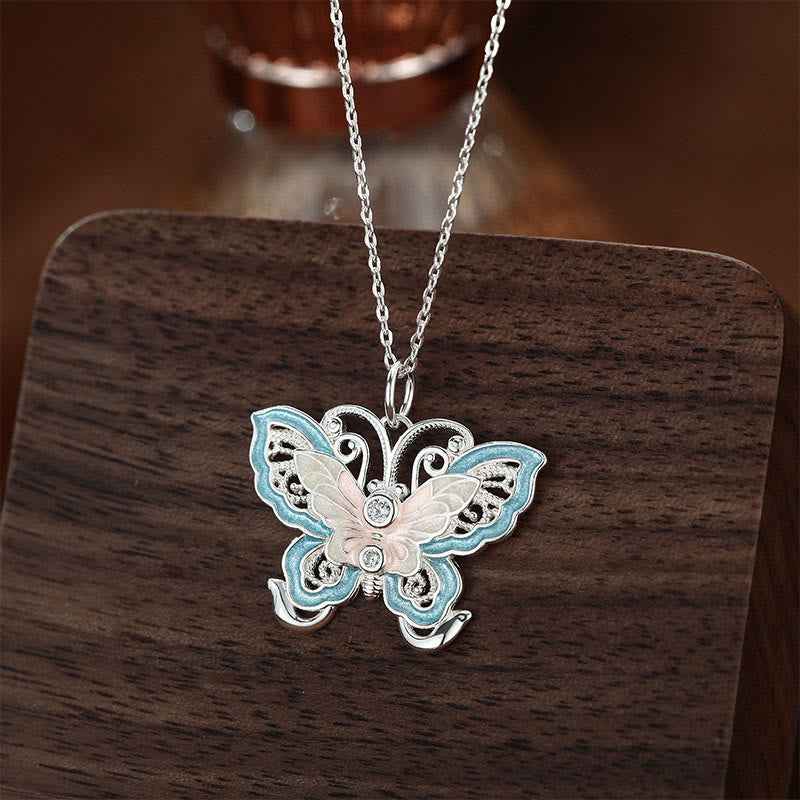 Fortune Jewel 999 Sterling Silver Butterfly Blue Enamel Protection Necklace Pendant