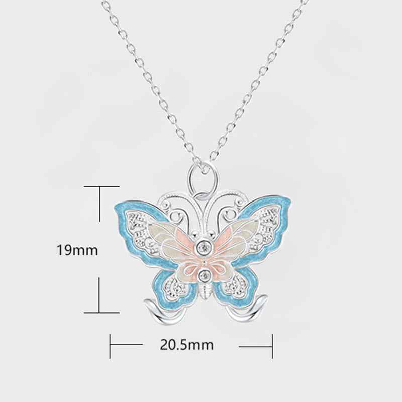 Fortune Jewel 999 Sterling Silver Butterfly Blue Enamel Protection Necklace Pendant