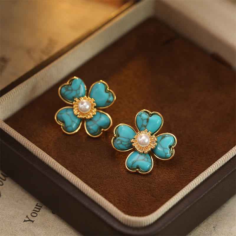 Fortune Jewel Turquoise Love Heart Flower Copper Healing Stud Earrings