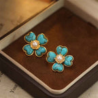 Fortune Jewel Turquoise Love Heart Flower Copper Healing Stud Earrings