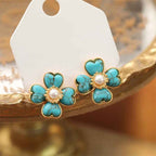 Fortune Jewel Turquoise Love Heart Flower Copper Healing Stud Earrings