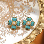 Fortune Jewel Turquoise Love Heart Flower Copper Healing Stud Earrings