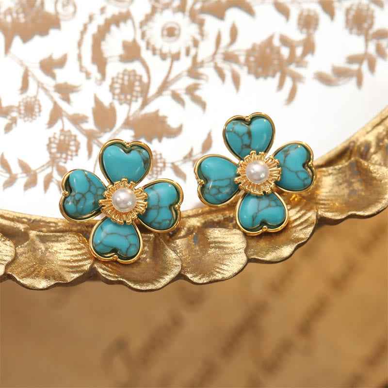 Fortune Jewel Turquoise Love Heart Flower Copper Healing Stud Earrings
