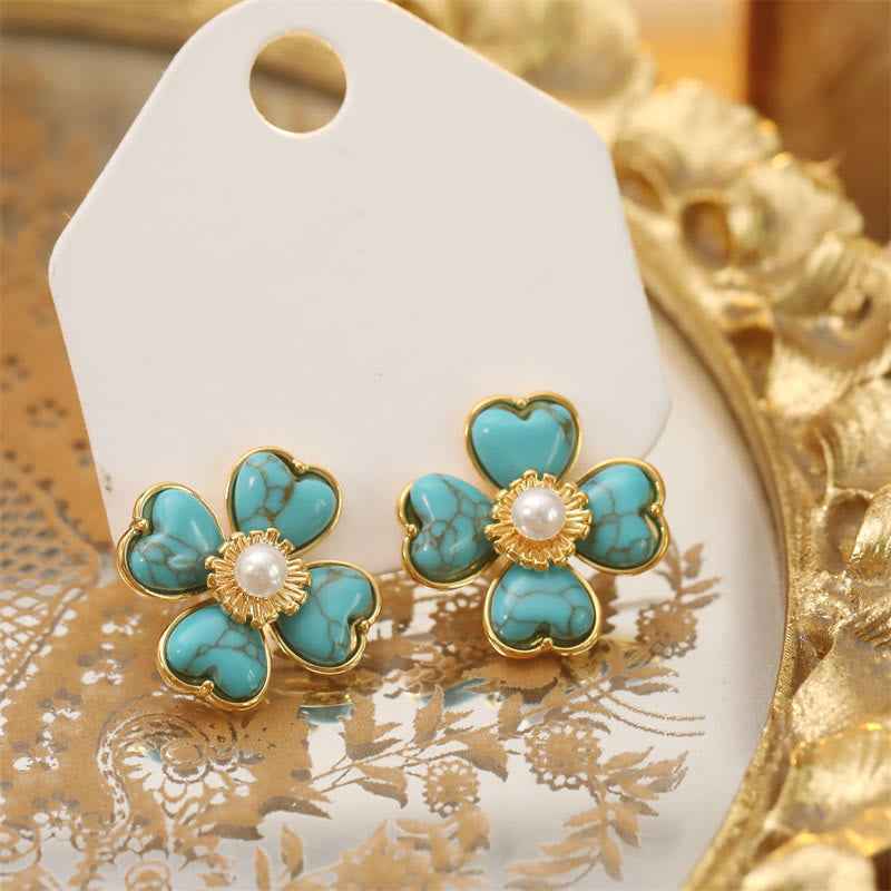 Fortune Jewel Turquoise Love Heart Flower Copper Healing Stud Earrings