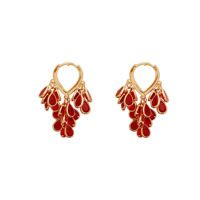 Buddha Stones Red Water Droplet Tassel Healing Copper Hoop Earrings