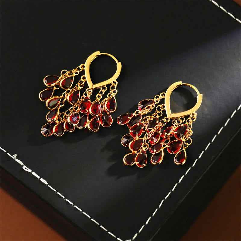 Buddha Stones Red Water Droplet Tassel Healing Copper Hoop Earrings