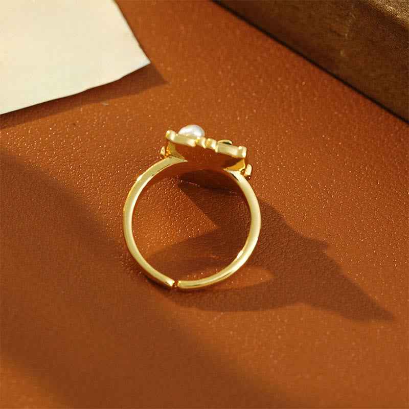 Fortune Jewel Vintage Oil Painting Lotus Flower Pearl Copper Wealth Ring