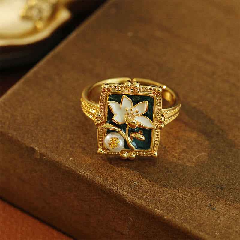 Fortune Jewel Vintage Oil Painting Lotus Flower Pearl Copper Wealth Ring