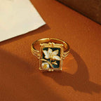 Fortune Jewel Vintage Oil Painting Lotus Flower Pearl Copper Wealth Ring