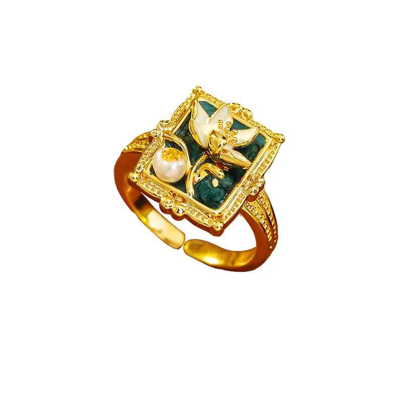 Fortune Jewel Vintage Oil Painting Lotus Flower Pearl Copper Wealth Ring