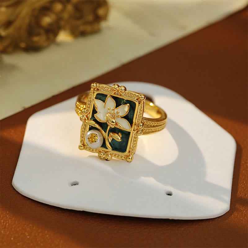 Fortune Jewel Vintage Oil Painting Lotus Flower Pearl Copper Wealth Ring