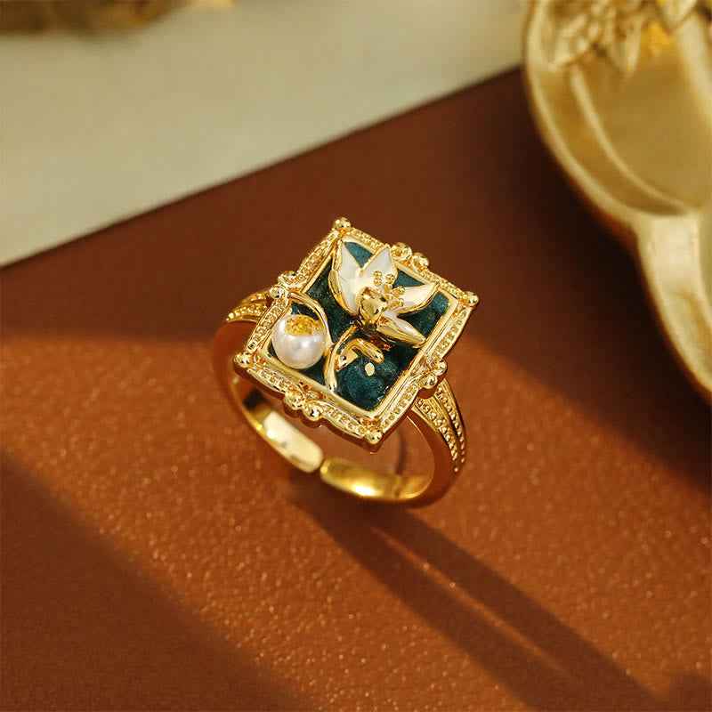 Fortune Jewel Vintage Oil Painting Lotus Flower Pearl Copper Wealth Ring
