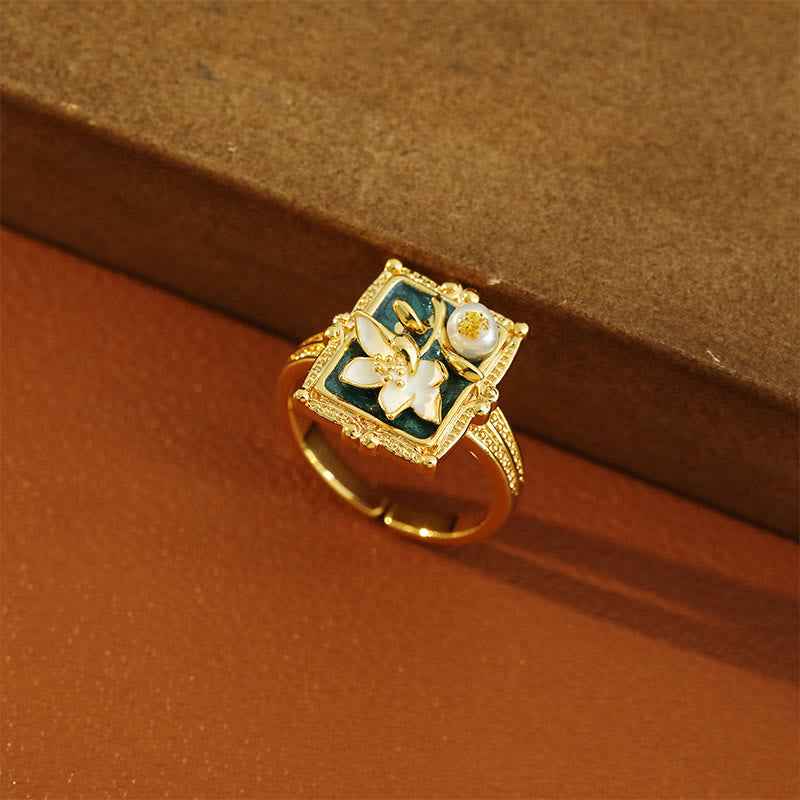 Fortune Jewel Vintage Oil Painting Lotus Flower Pearl Copper Wealth Ring