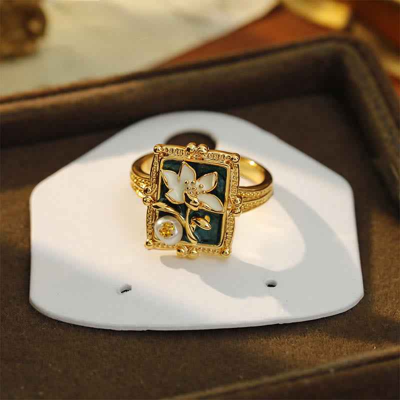 Fortune Jewel Vintage Oil Painting Lotus Flower Pearl Copper Wealth Ring