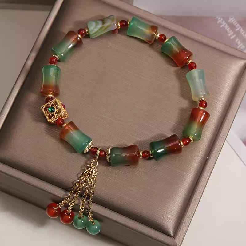 Fortune Jewel Colorful Peacock Agate Bamboo Beads Tassel Courage Bracelet