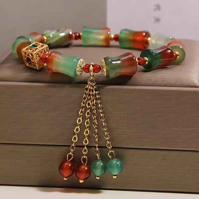 Fortune Jewel Colorful Peacock Agate Bamboo Beads Tassel Courage Bracelet