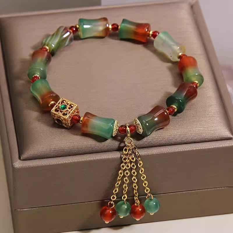 Fortune Jewel Colorful Peacock Agate Bamboo Beads Tassel Courage Bracelet