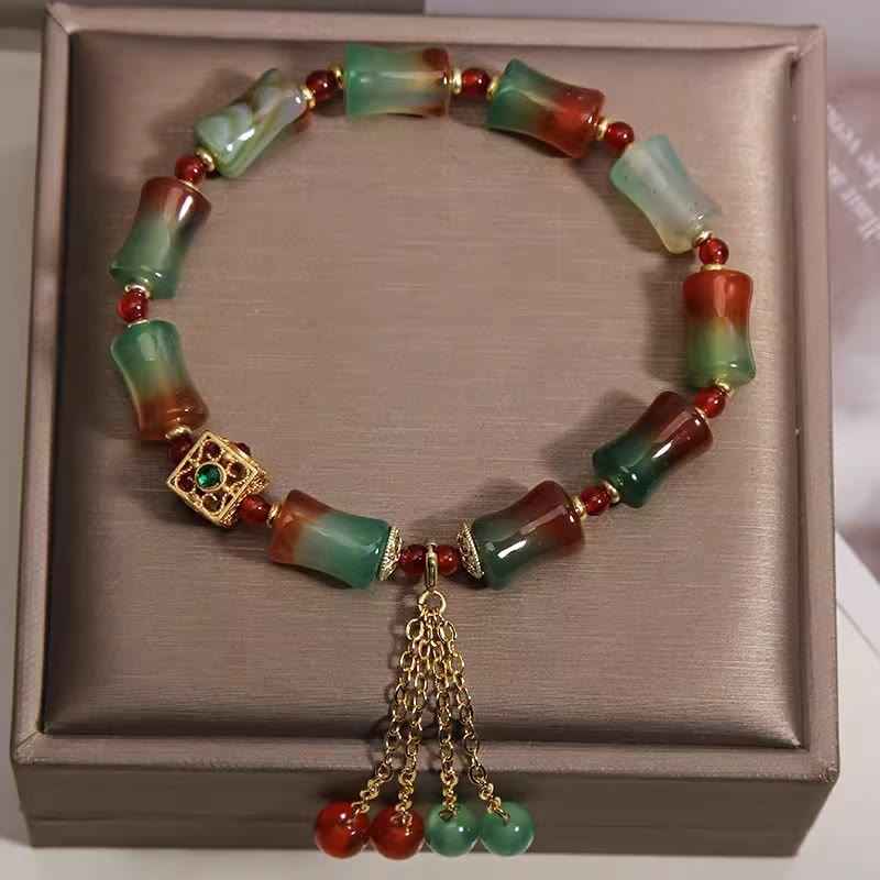 Fortune Jewel Colorful Peacock Agate Bamboo Beads Tassel Courage Bracelet