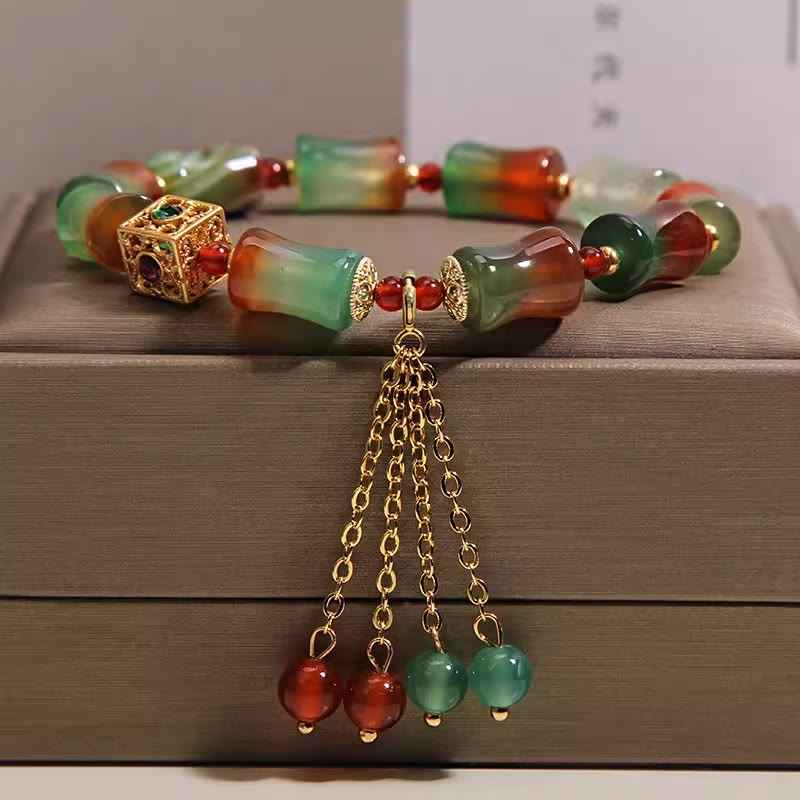 Fortune Jewel Colorful Peacock Agate Bamboo Beads Tassel Courage Bracelet